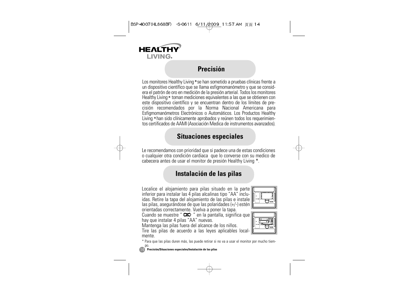 Precisión situaciones especiales, Instalación de las pilas | Samsung BSP-4007 User Manual | Page 47 / 66