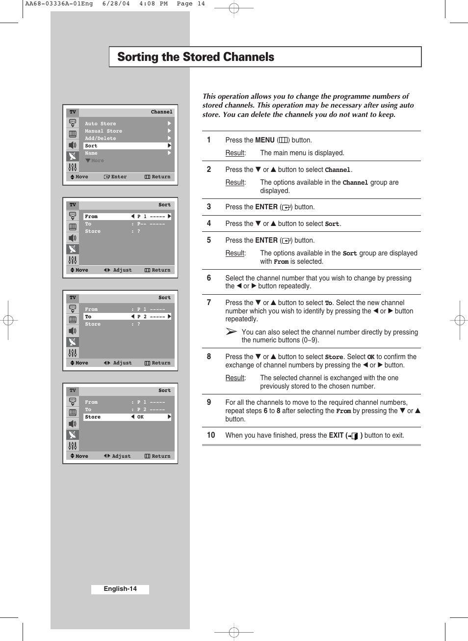 Sorting the stored channels | Samsung WS-32M206V User Manual | Page 14 / 48