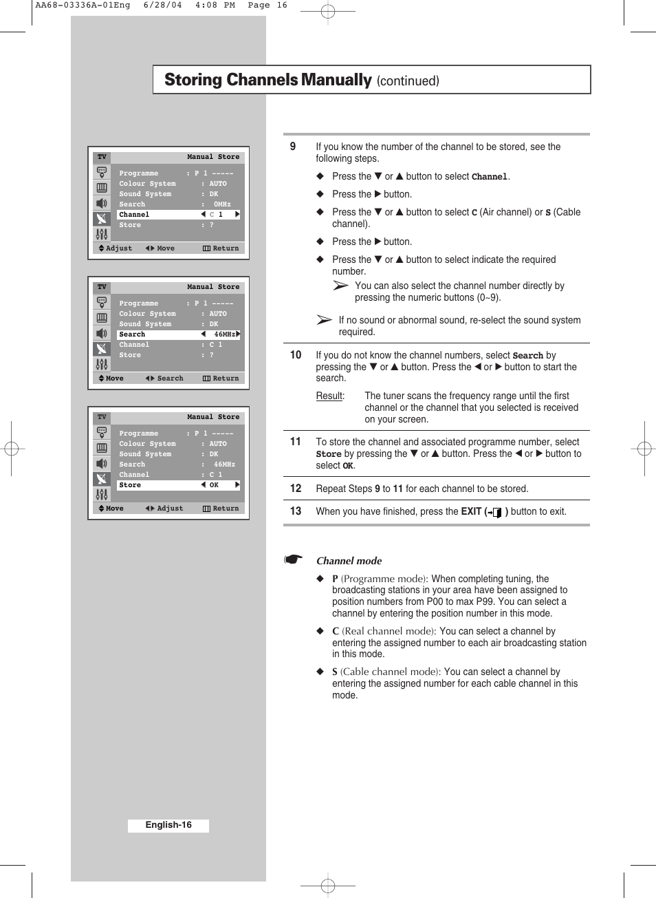 Storing channels manually, Continued) | Samsung WS-32M206V User Manual | Page 16 / 48