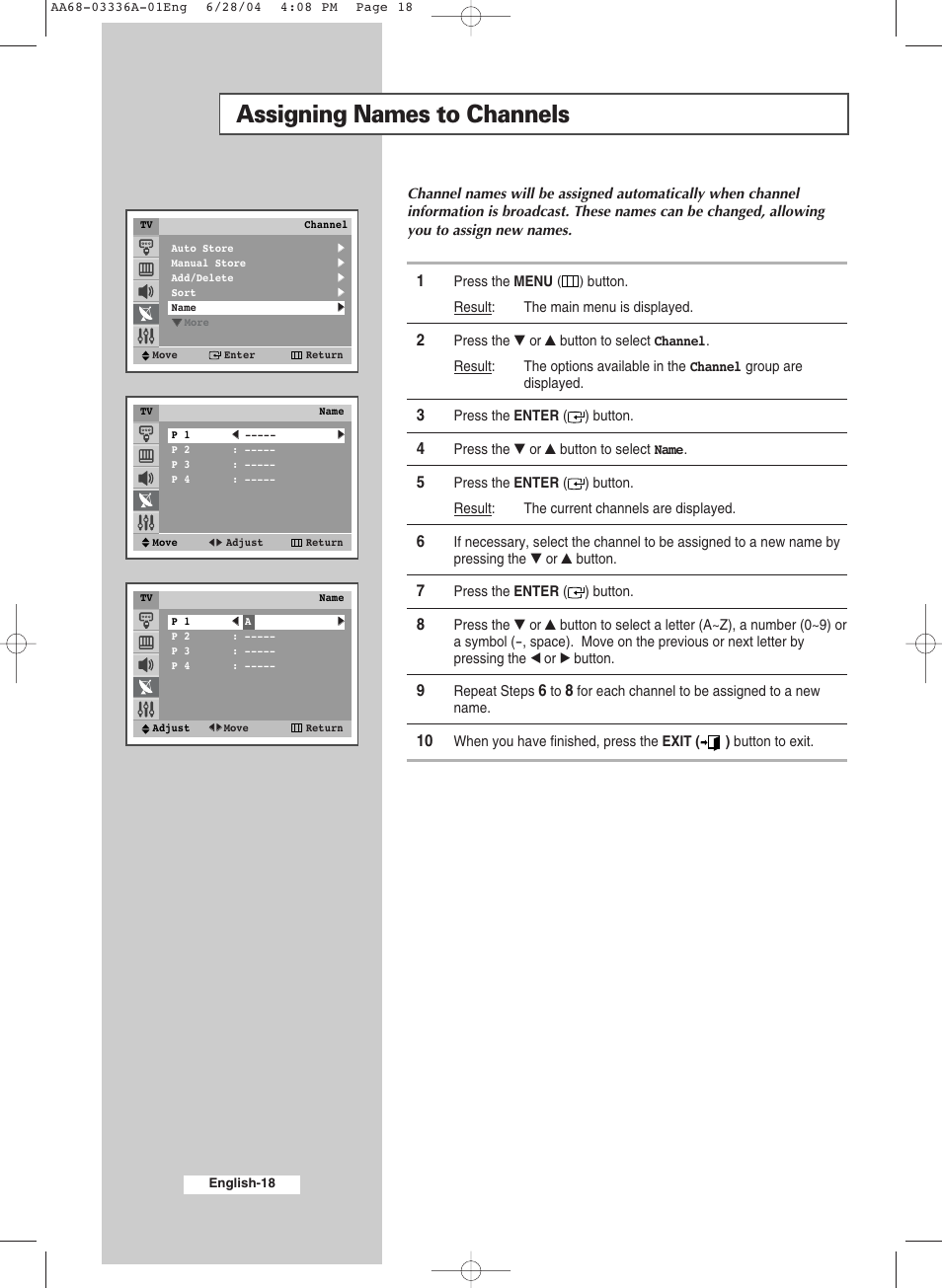 Assigning names to channels | Samsung WS-32M206V User Manual | Page 18 / 48