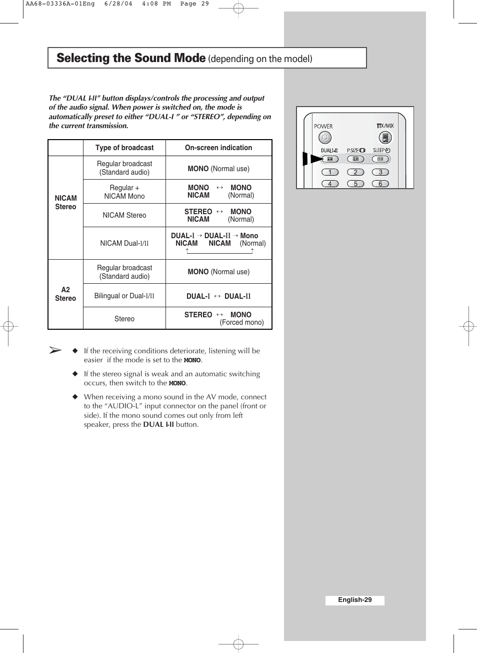 Selecting the sound mode (depending on the model), Selecting the sound mode, Depending on the model) | Samsung WS-32M206V User Manual | Page 29 / 48
