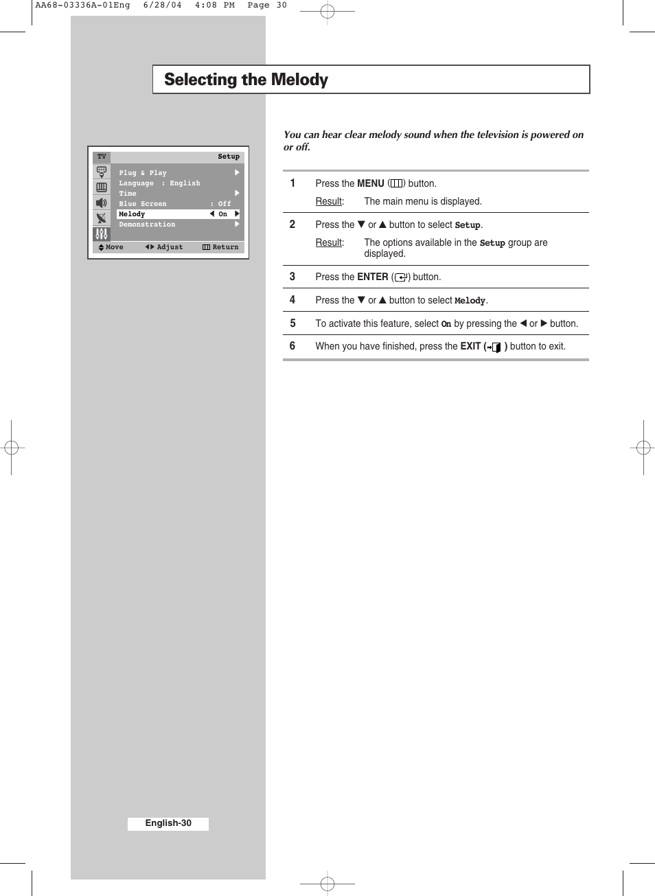 Selecting the melody | Samsung WS-32M206V User Manual | Page 30 / 48