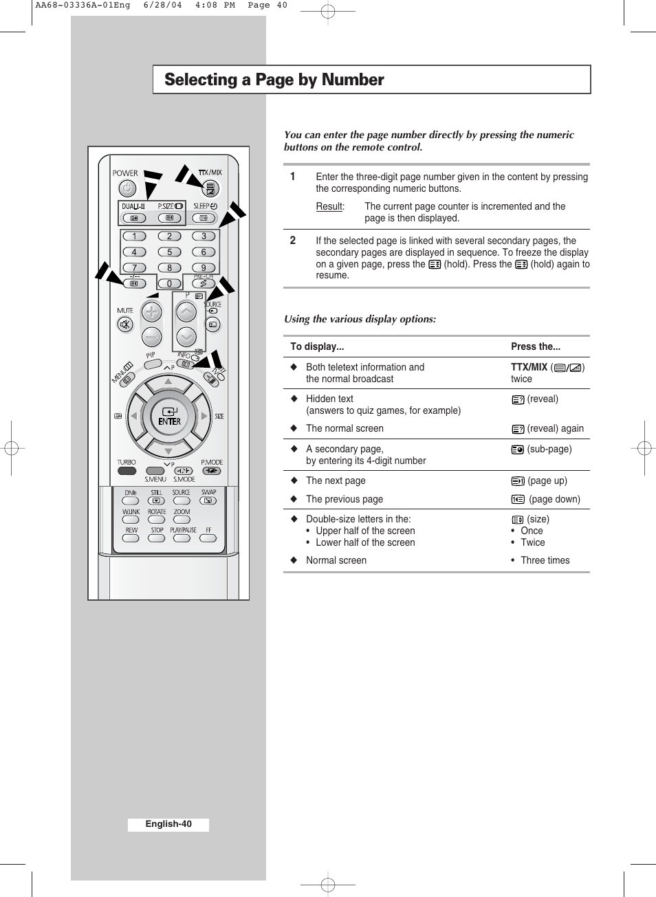 Selecting a page by number | Samsung WS-32M206V User Manual | Page 40 / 48
