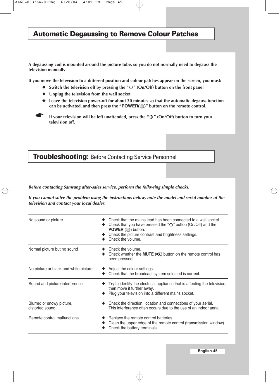 Recommendations for use, Automatic degaussing to remove colour patches, Troubleshooting | Before contacting service personnel | Samsung WS-32M206V User Manual | Page 45 / 48