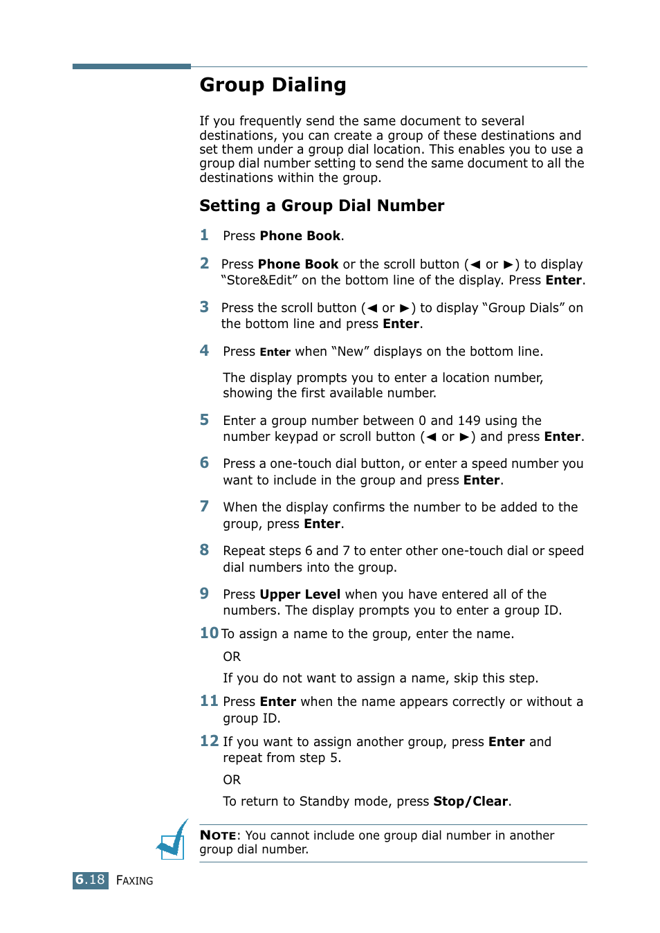 Group dialing, Setting a group dial number | Samsung SF-755P User Manual | Page 125 / 219