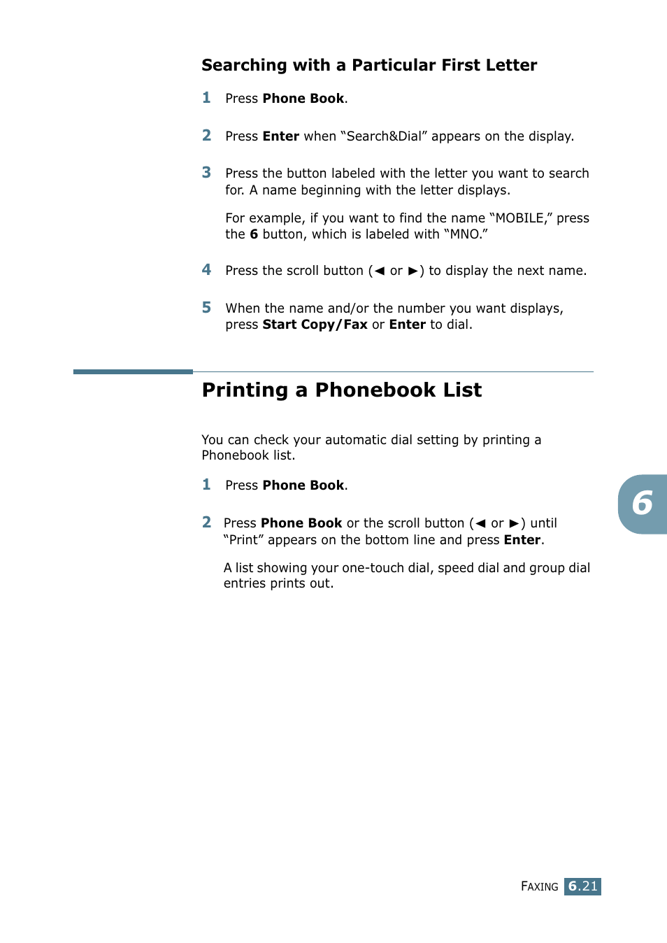 Searching with a particular first letter, Printing a phonebook list | Samsung SF-755P User Manual | Page 128 / 219
