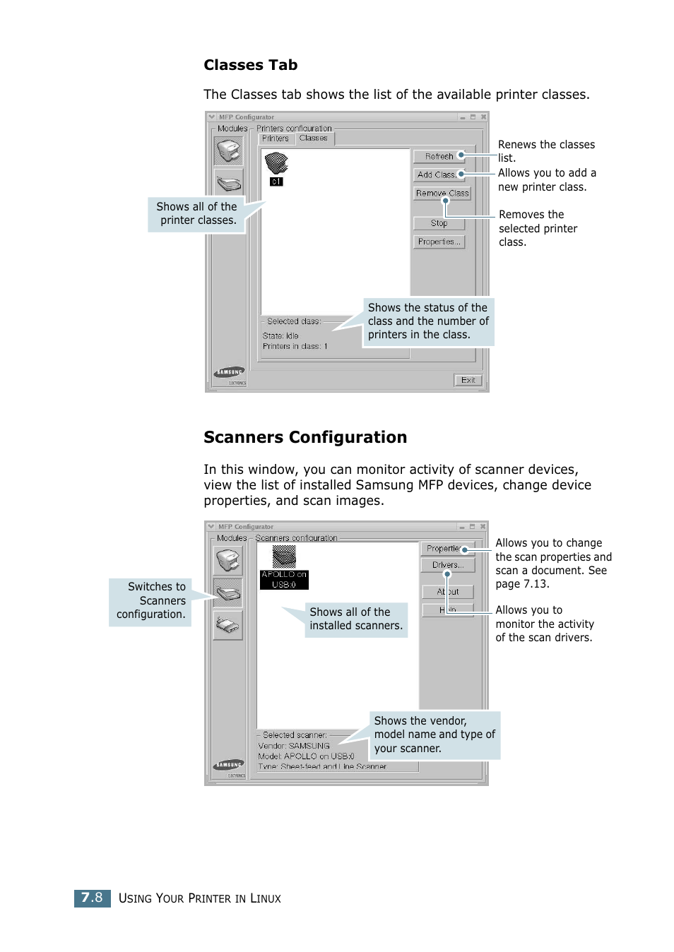 Scanners configuration, Classes tab | Samsung SF-755P User Manual | Page 153 / 219