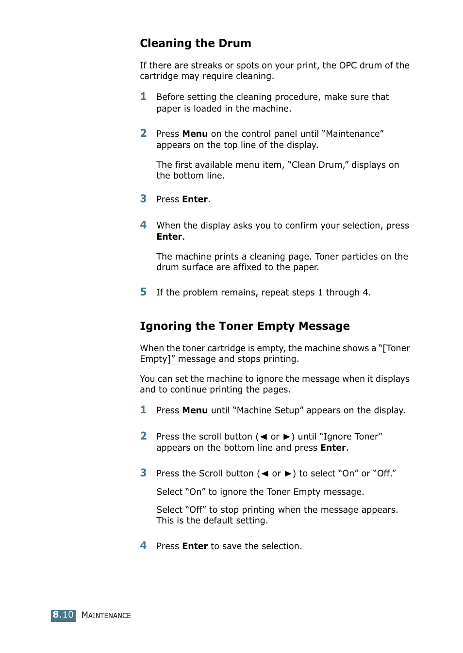 Cleaning the drum, Ignoring the toner empty message, Consumables and replacement parts | Samsung SF-755P User Manual | Page 173 / 219