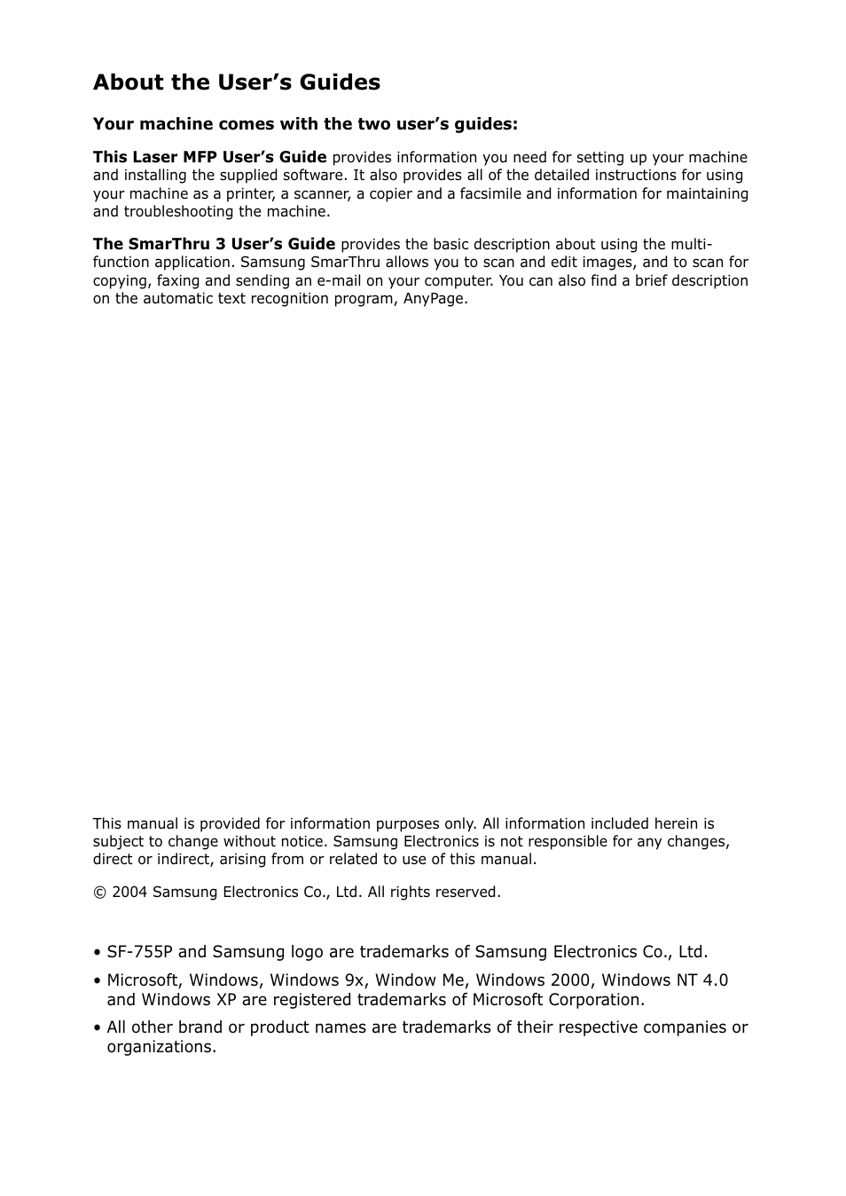 About the user’s guides | Samsung SF-755P User Manual | Page 2 / 219