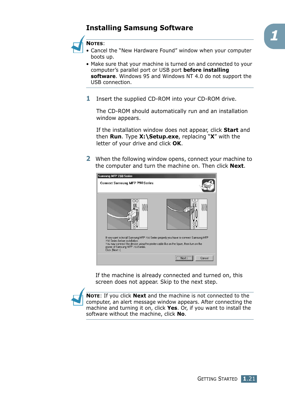 Installing samsung software | Samsung SF-755P User Manual | Page 40 / 219