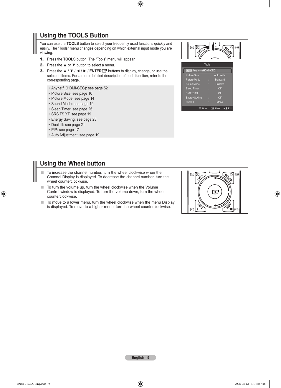 Using the tools button, Using the wheel button | Samsung BN68-01737C-00 User Manual | Page 11 / 64
