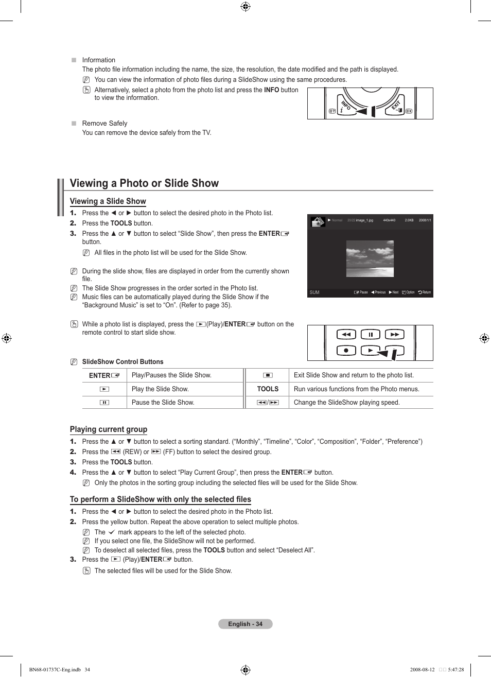 Viewing a photo or slide show, Viewing a slide show, Playing current group | Samsung BN68-01737C-00 User Manual | Page 36 / 64