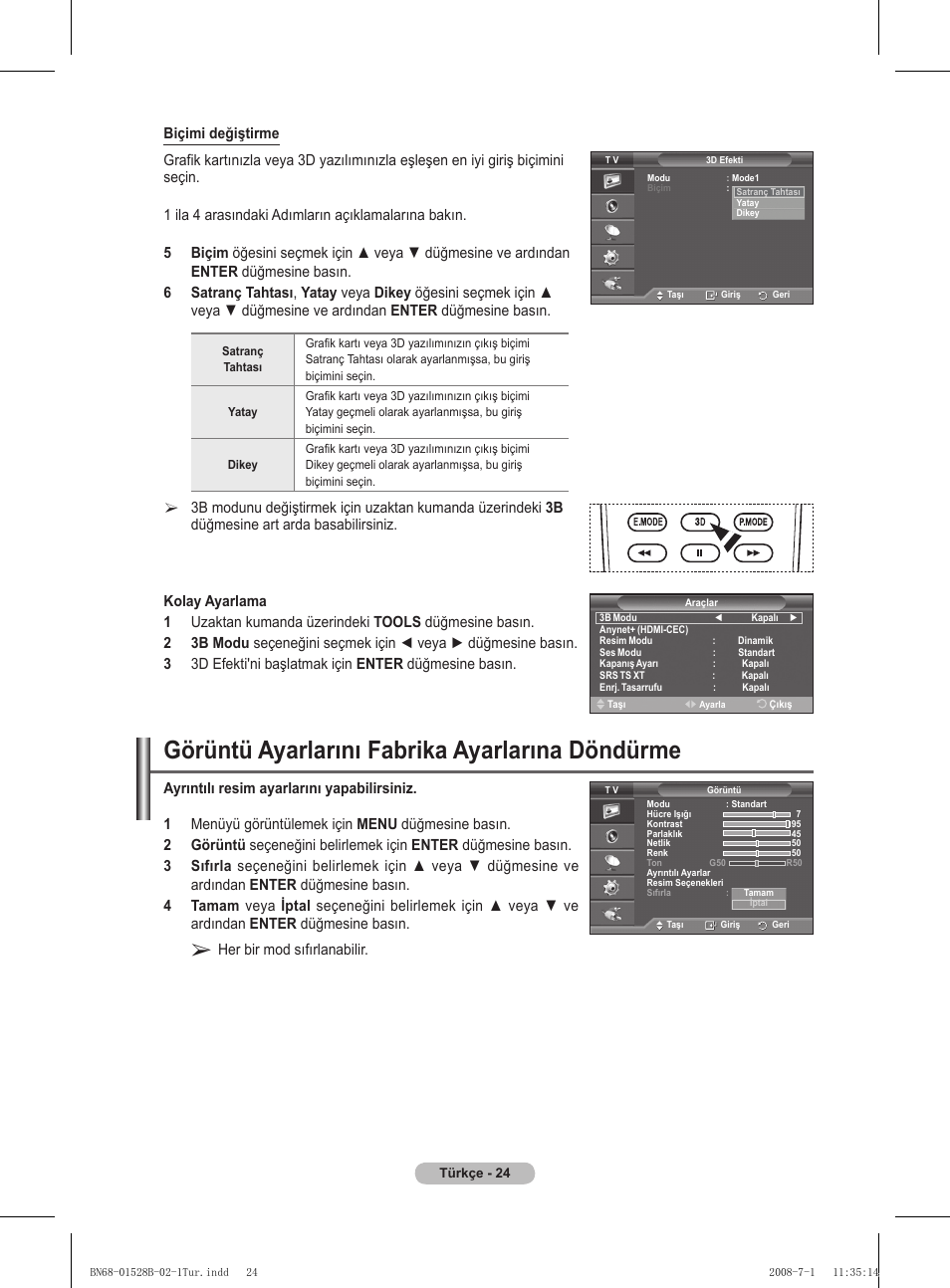 Görüntü ayarlarını fabrika ayarlarına döndürme, Her bir mod sıfırlanabilir | Samsung BN68-01528B-02 User Manual | Page 111 / 427