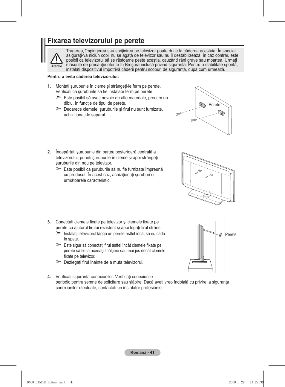 Fixarea televizorului pe perete | Samsung BN68-01528B-02 User Manual | Page 171 / 427