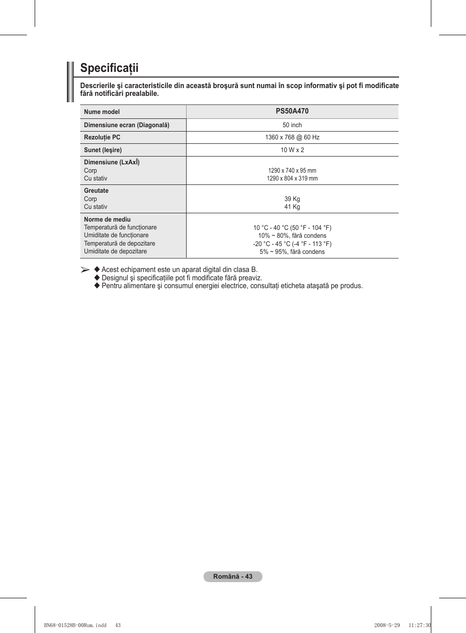 Specificaţii | Samsung BN68-01528B-02 User Manual | Page 173 / 427