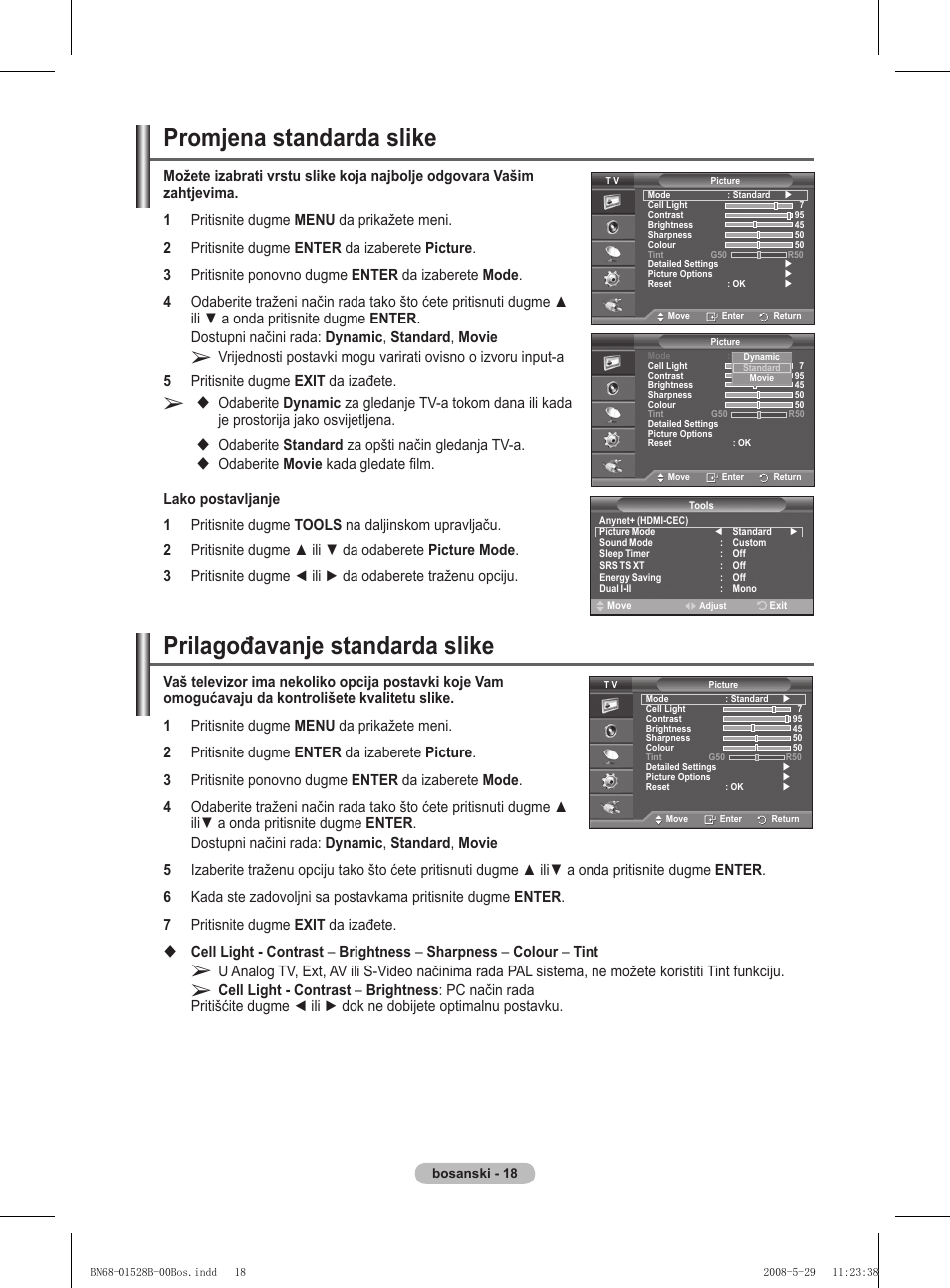 Prilagođavanje standarda slike, Promjena standarda slike, Odaberite standard za opšti način gledanja tv-a | Samsung BN68-01528B-02 User Manual | Page 318 / 427
