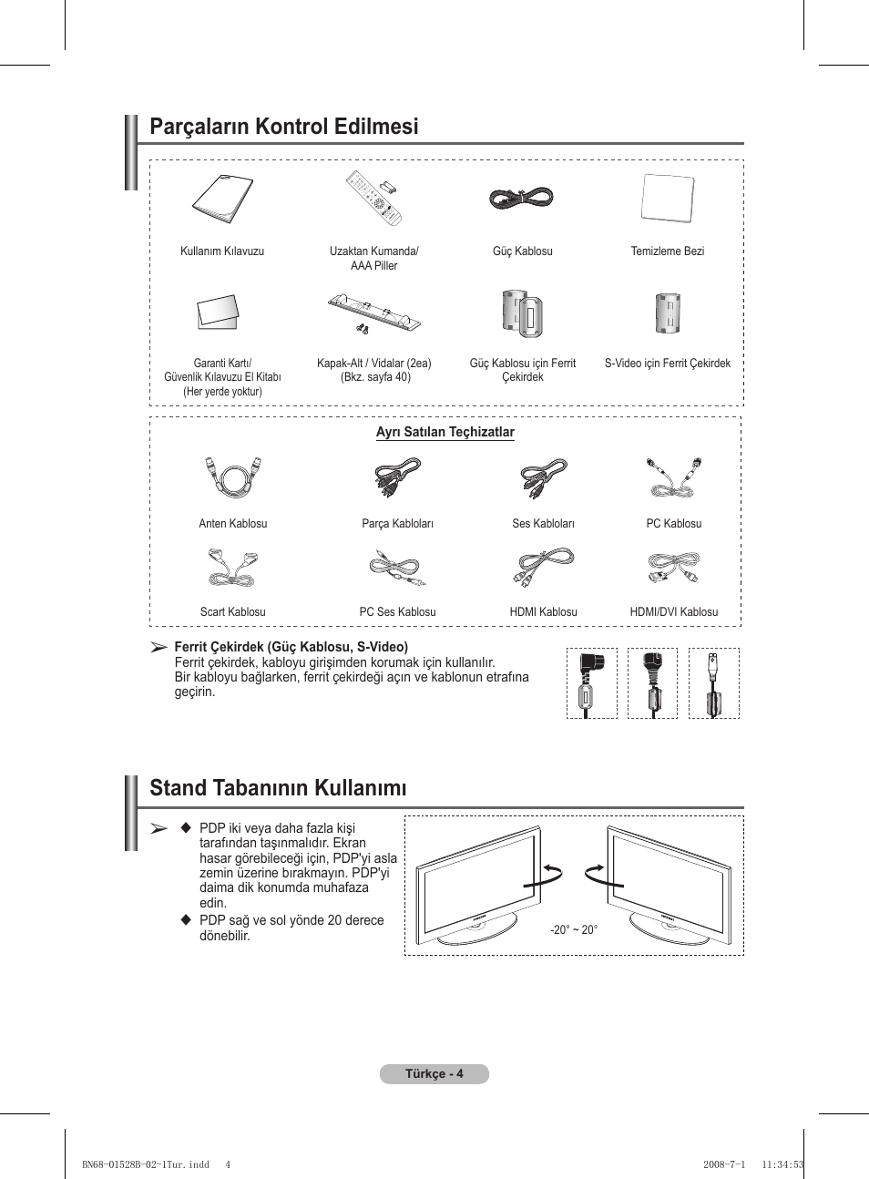 Parçaların kontrol edilmesi, Stand tabanının kullanımı | Samsung BN68-01528B-02 User Manual | Page 91 / 427