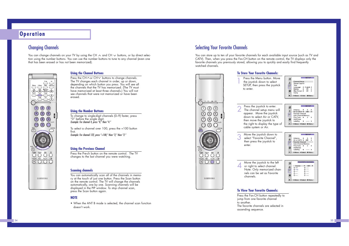Operation, Selecting your favorite channels, Changing channels | Samsung LN437W User Manual | Page 18 / 46