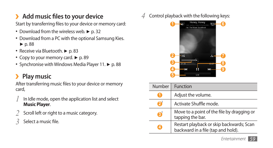 Add music files to your device, Play music | Samsung Galaxy 3 User Manual | Page 59 / 128