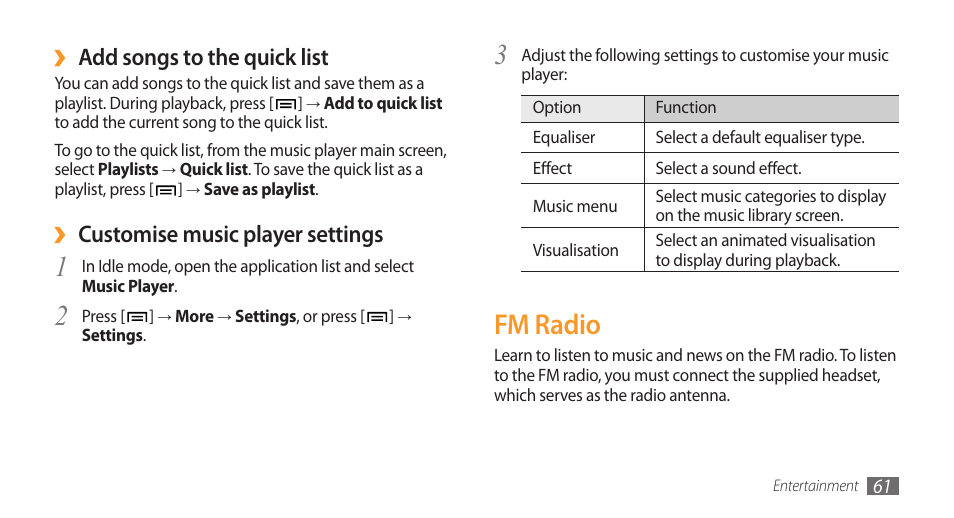 Fm radio, Add songs to the quick list, Customise music player settings | Samsung Galaxy 3 User Manual | Page 61 / 128