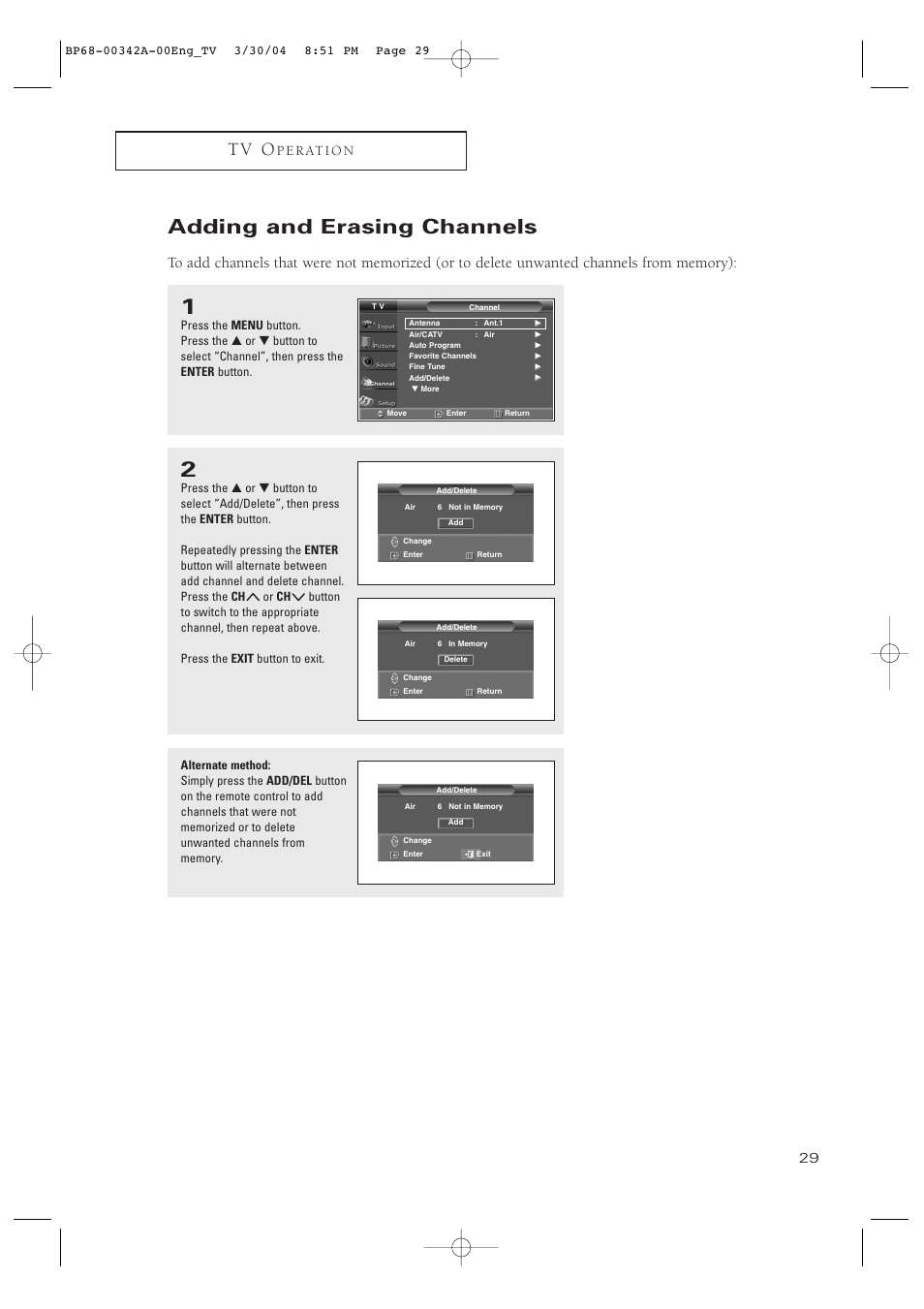 Adding and erasing channels, T v o, P e r at i o n | Samsung HC-P4363W User Manual | Page 29 / 92