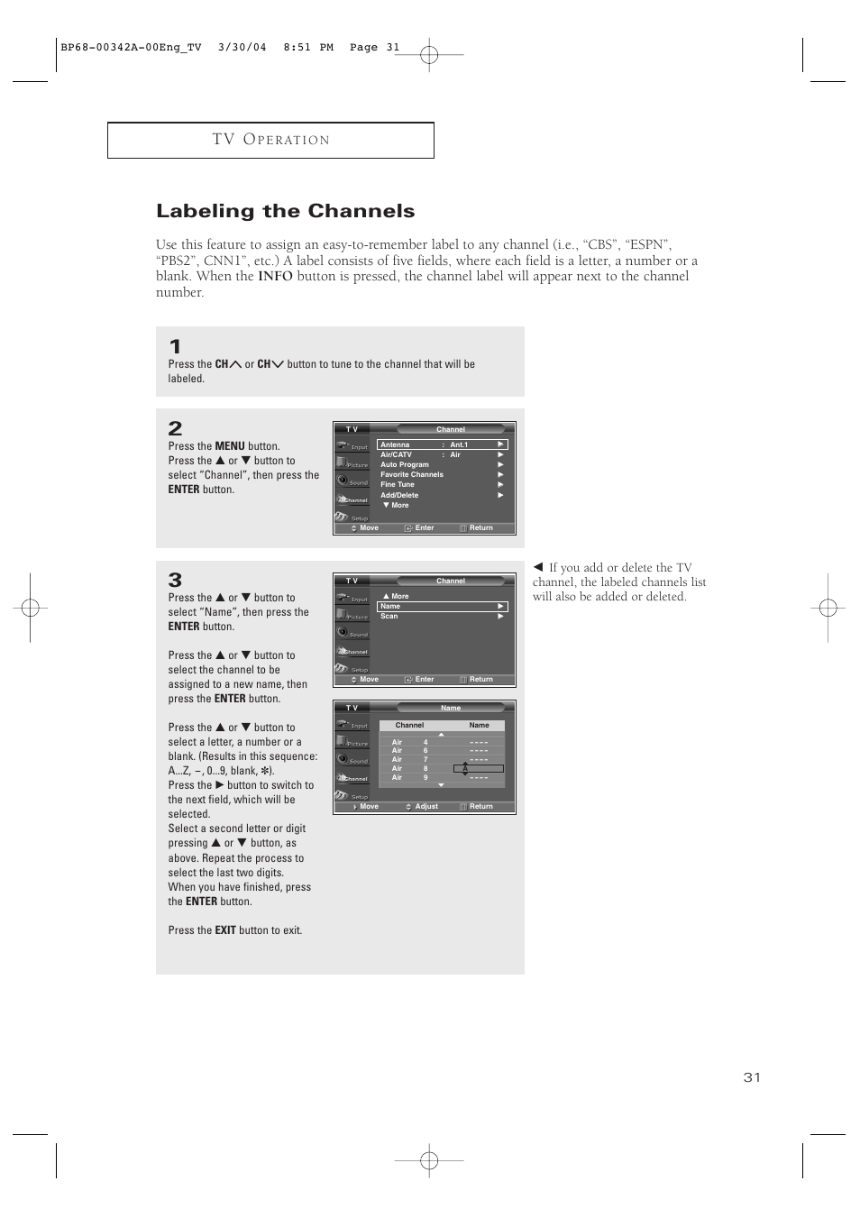 Labeling the channels, T v o, P e r at i o n | Samsung HC-P4363W User Manual | Page 31 / 92
