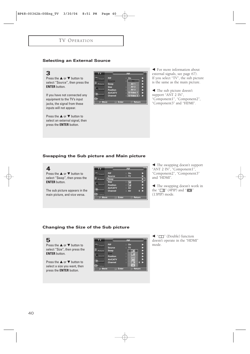 Selecting an external source, Swapping the sub picture and main picture, Changing the size of the sub picture | T v o | Samsung HC-P4363W User Manual | Page 40 / 92