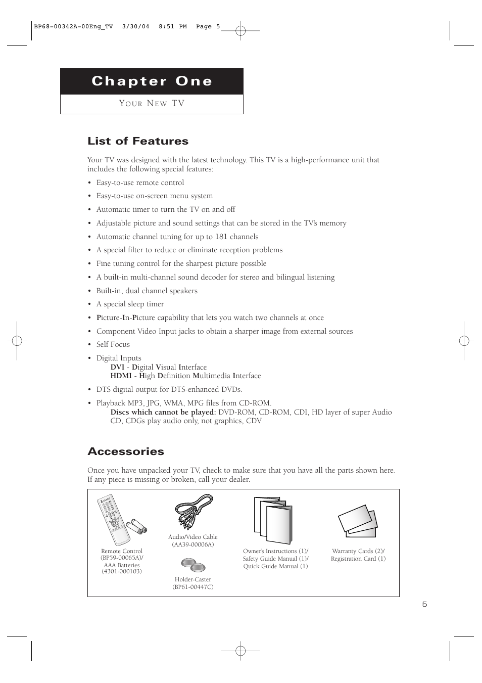 Chapter 1: your new tv, List of features, Accessories | Samsung HC-P4363W User Manual | Page 5 / 92