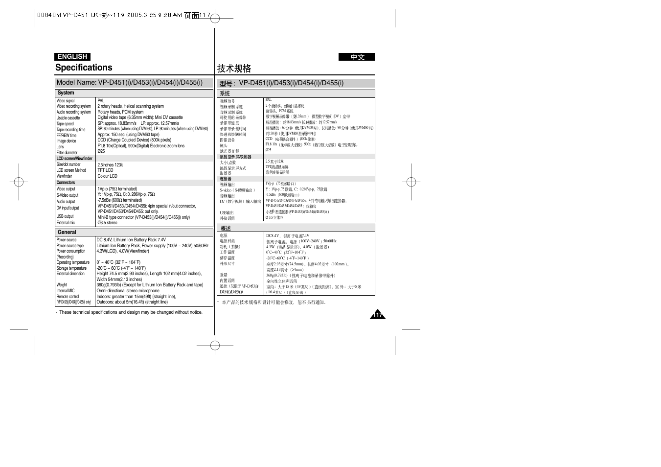 Specifications | Samsung VP-D451 User Manual | Page 117 / 119
