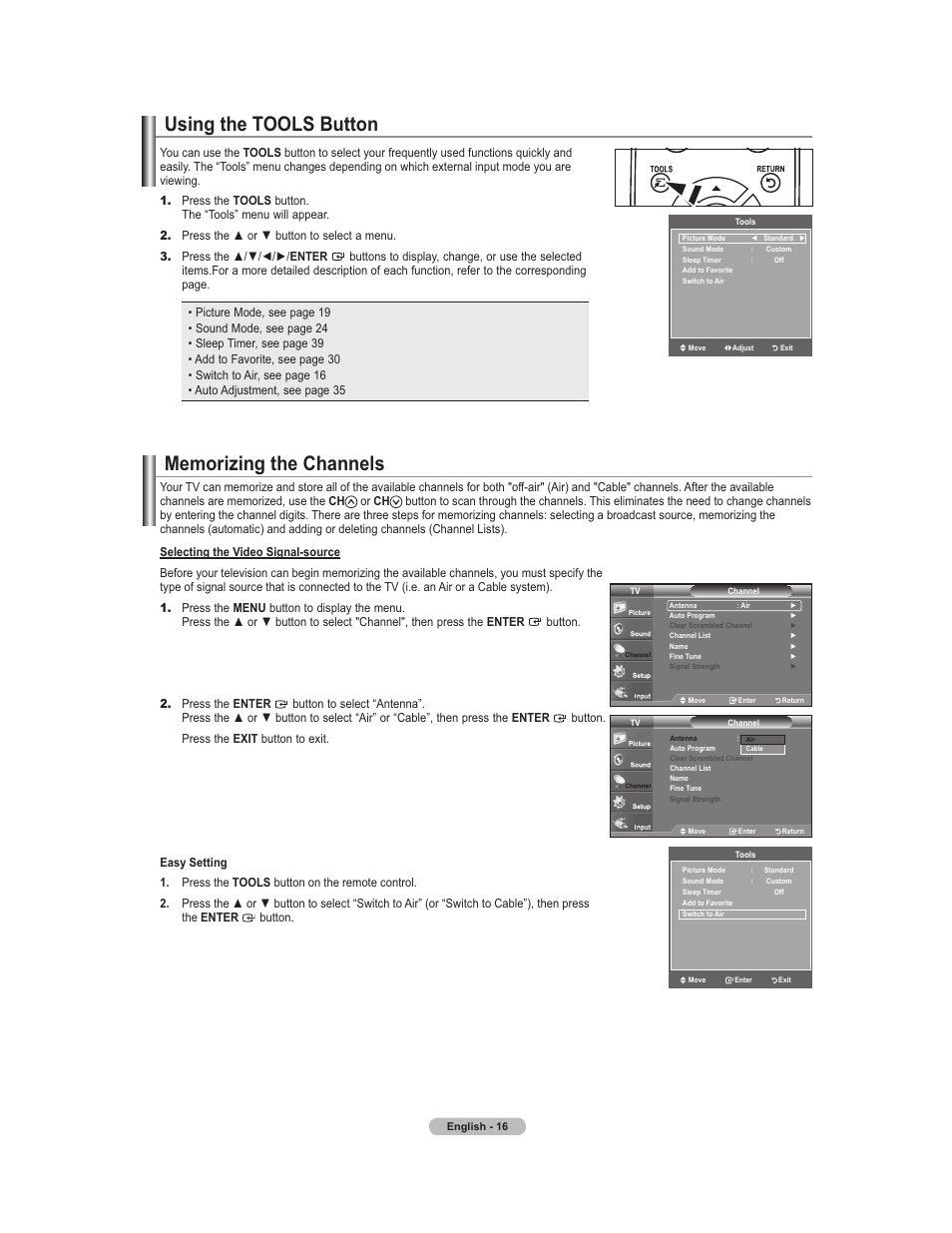 Memorizing channels, Using the tools button | Samsung 451 User Manual | Page 18 / 81