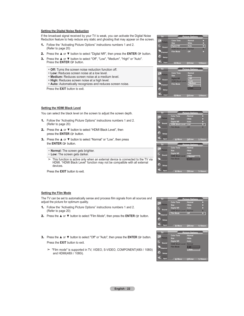 Digital noise reduction, Hdmi black level, Film mode | Samsung 451 User Manual | Page 24 / 81