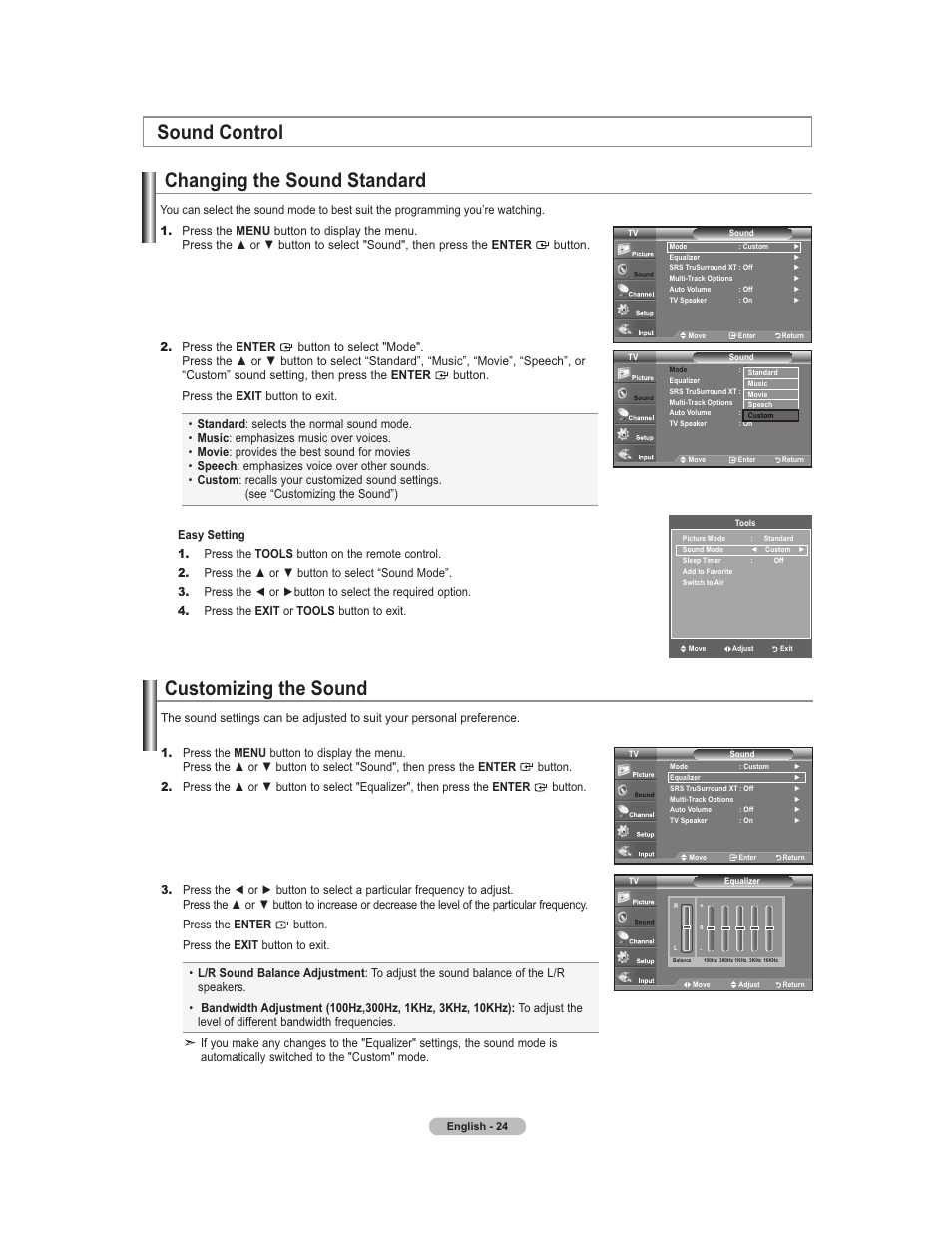Sound control settings, Changing the sound standard, Customizing the sound | Sound control | Samsung 451 User Manual | Page 26 / 81