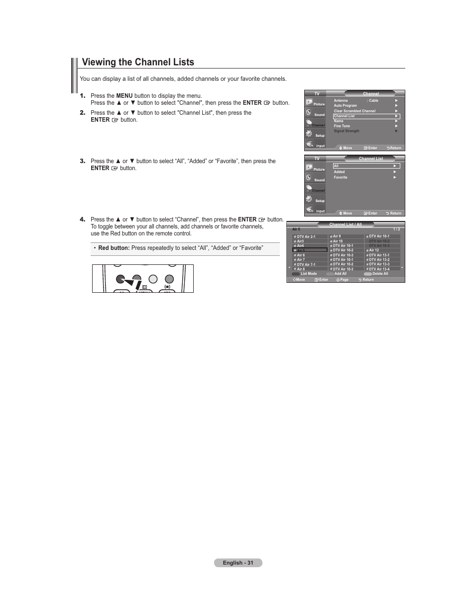 Viewing channel lists, Viewing the channel lists | Samsung 451 User Manual | Page 33 / 81