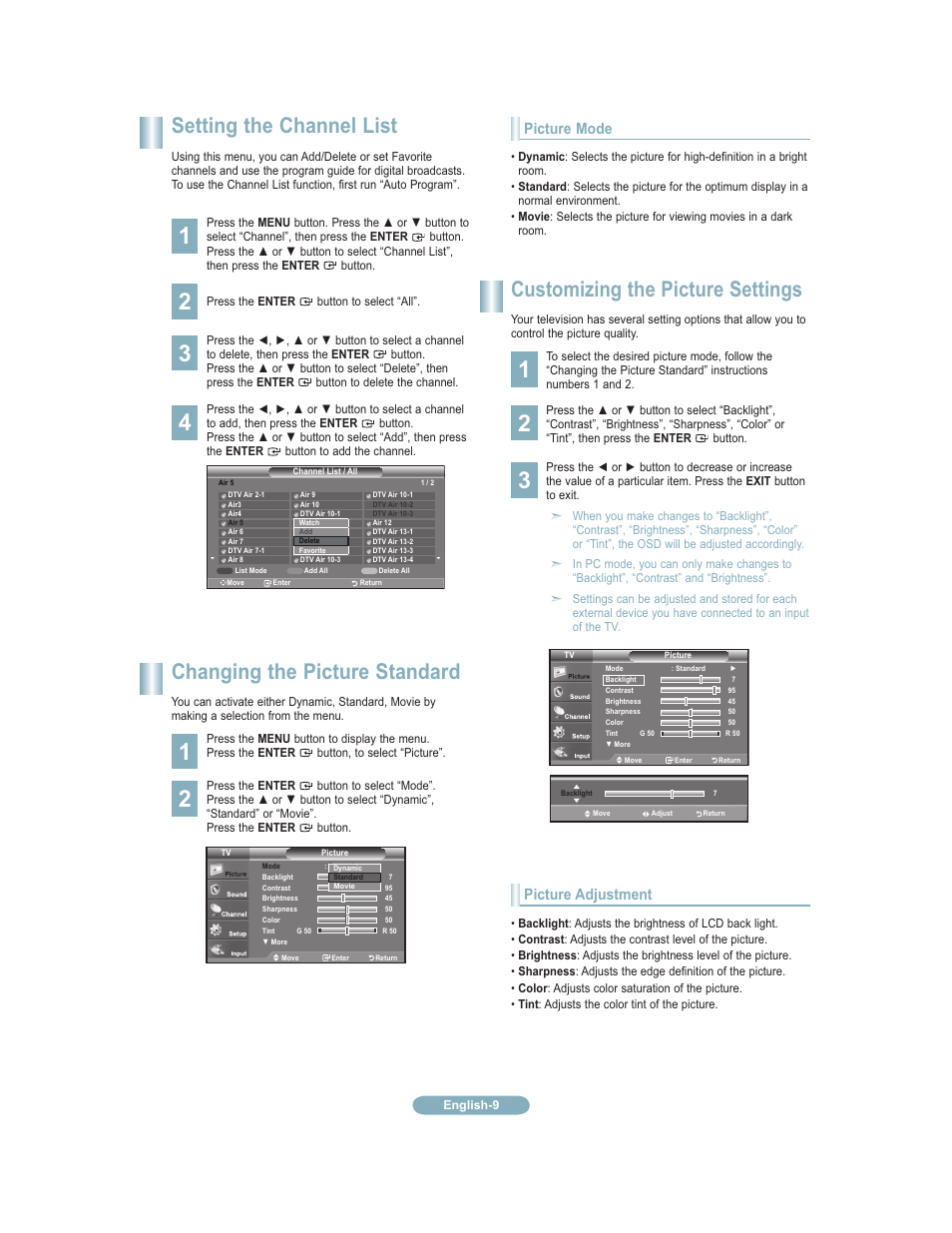 Setting the channel list, Changing the picture standard, Customizing picture settings | Customizing the picture settings, Picture mode, Picture adjustment | Samsung 451 User Manual | Page 71 / 81
