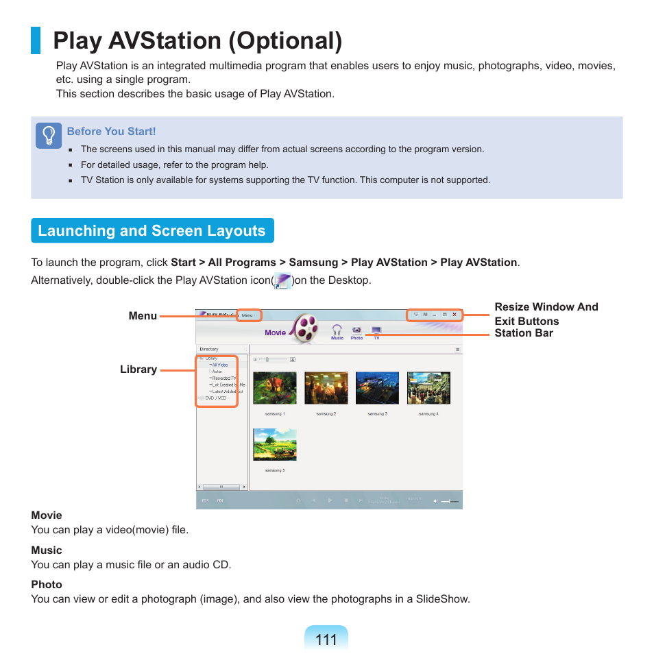 Play avstation (optional), Launching and screen layouts | Samsung Q71 User Manual | Page 112 / 191