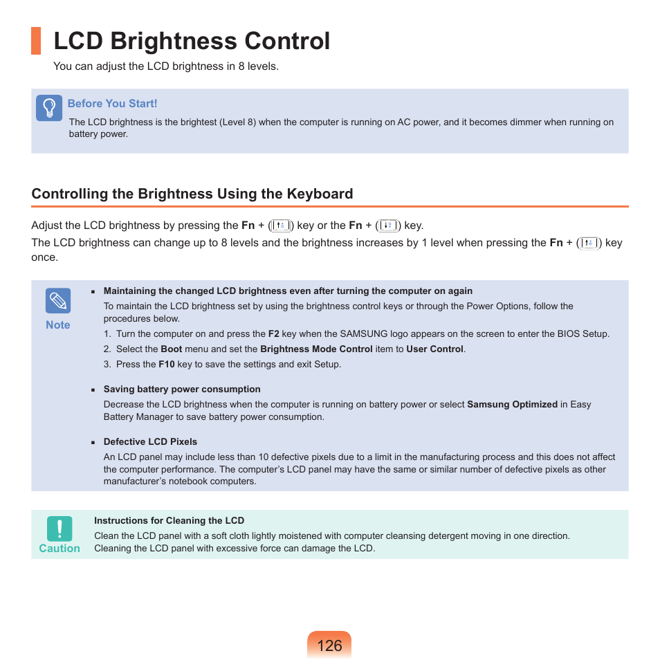 Lcd brightness control, Controlling the brightness using the keyboard | Samsung Q71 User Manual | Page 127 / 191