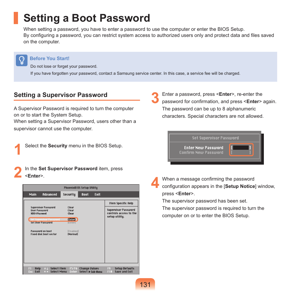 Setting a boot password | Samsung Q71 User Manual | Page 132 / 191
