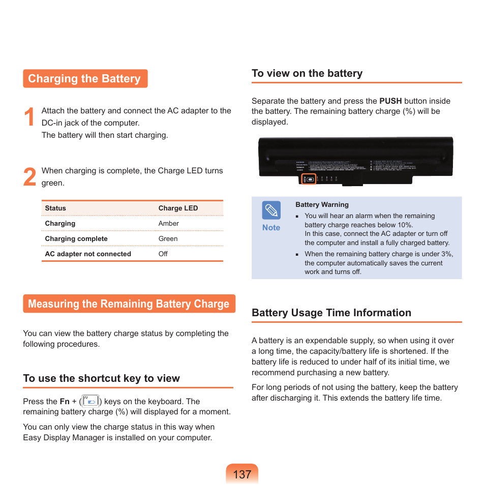 Charging the battery, Measuring the remaining battery charge | Samsung Q71 User Manual | Page 138 / 191