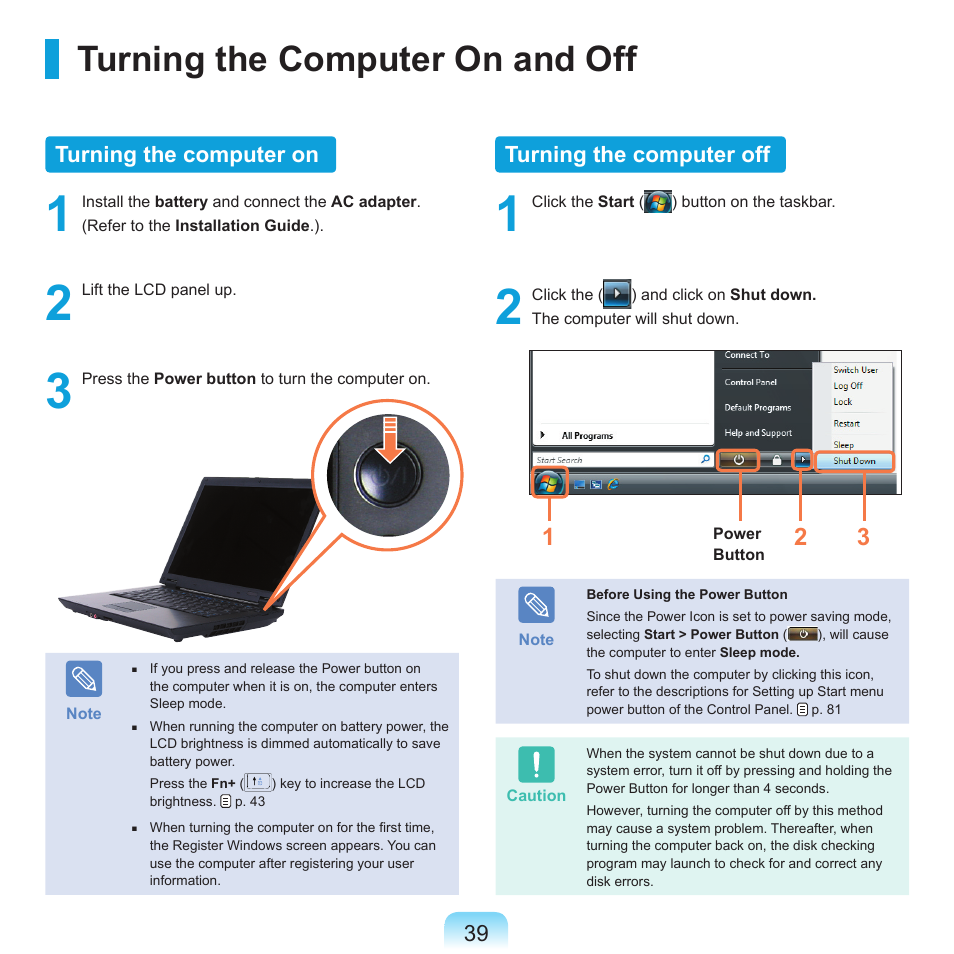 Turning the computer on and off, Turning the computer on, Turning the computer off | Samsung Q71 User Manual | Page 40 / 191