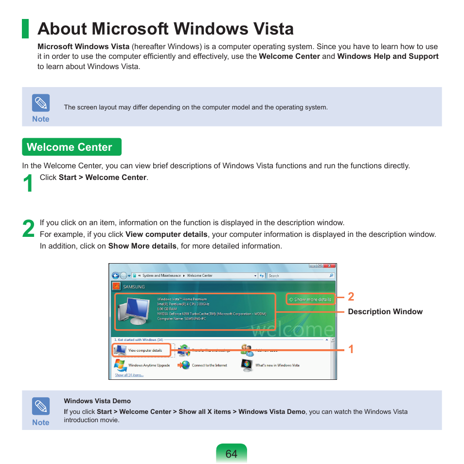 About microsoft windows vista, Welcome center | Samsung Q71 User Manual | Page 65 / 191