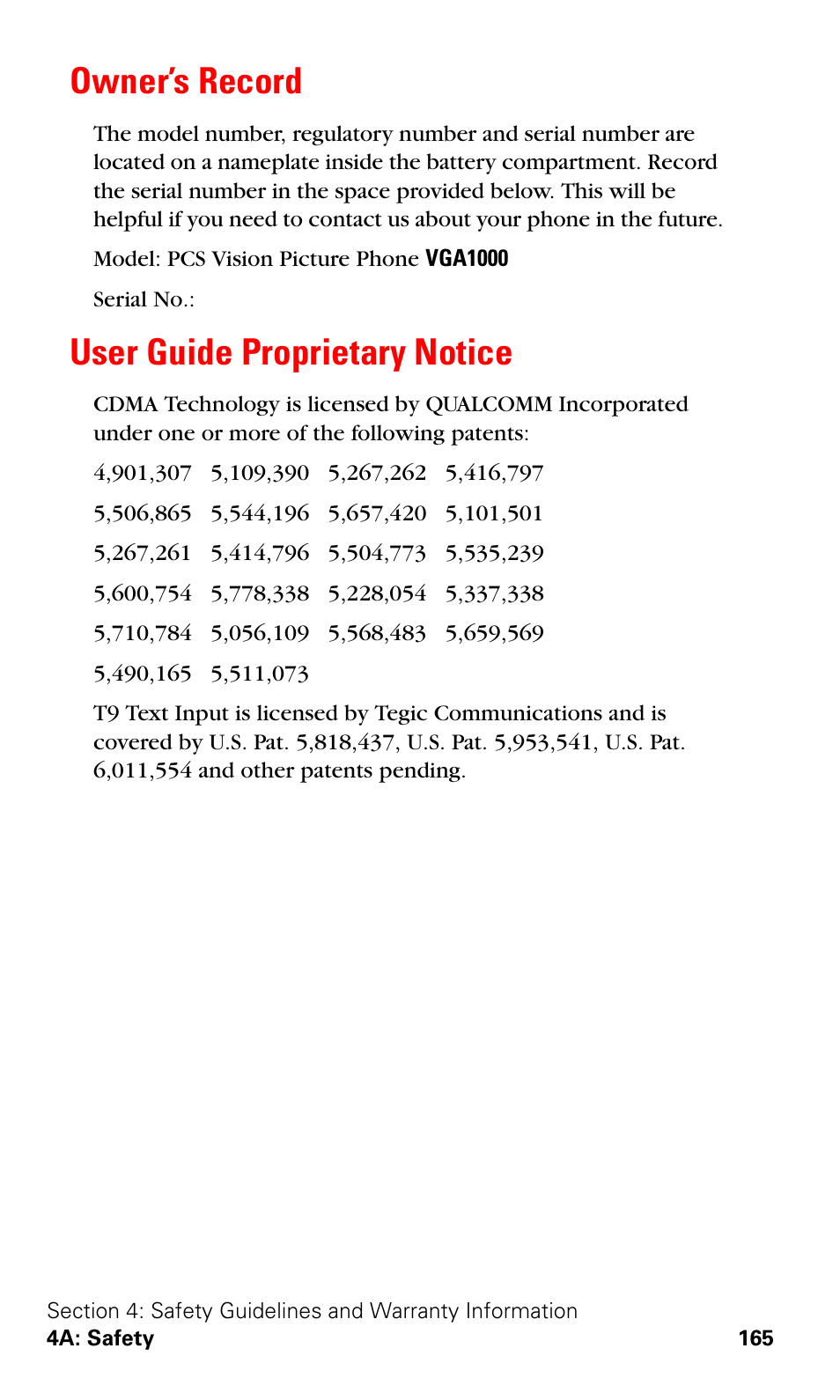 Owner’s record, User guide proprietary notice, Owner’s record user guide proprietary notice | Samsung VGA1000 User Manual | Page 173 / 182