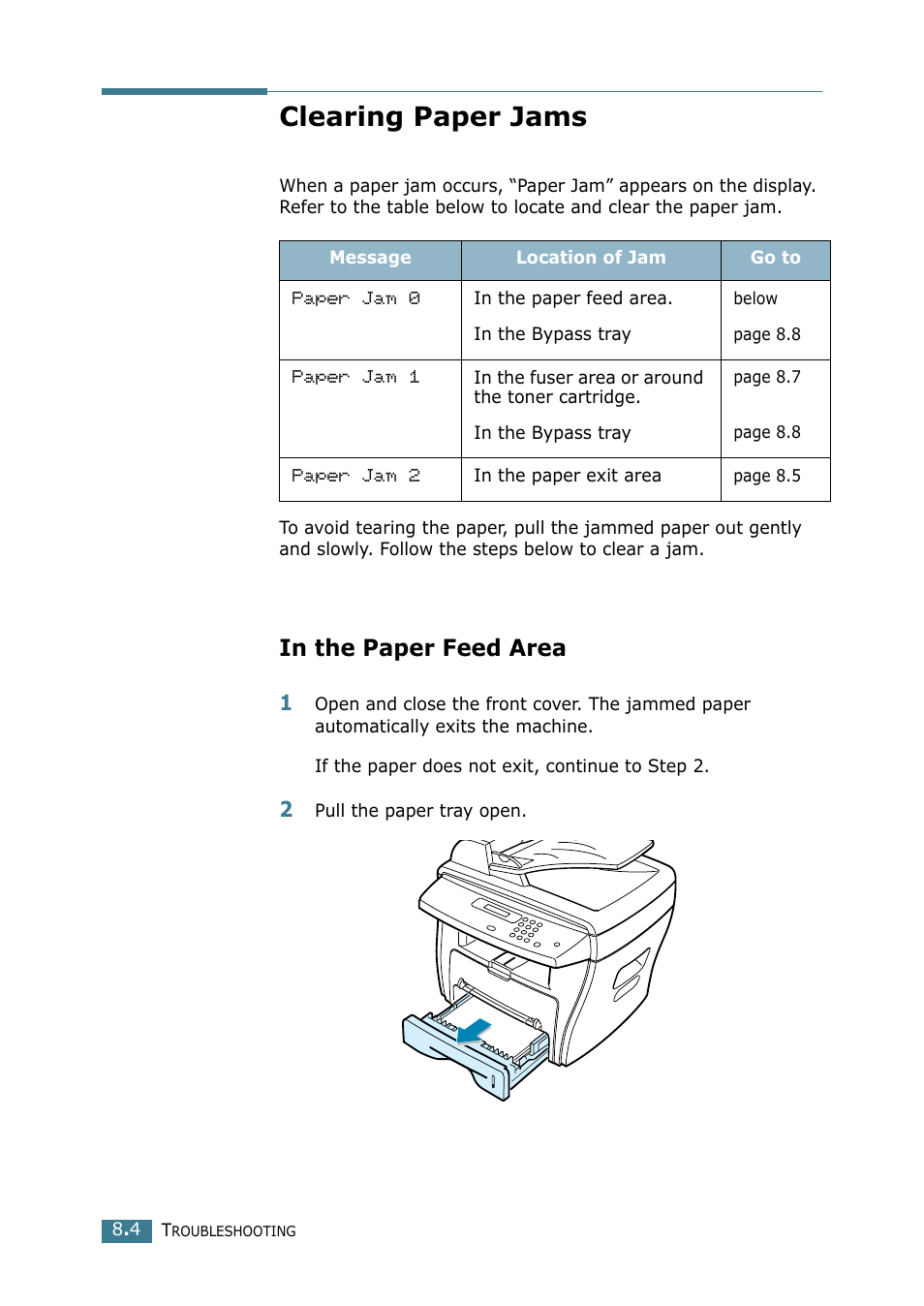 Clearing paper jams, In the paper feed area, See clearing paper jams | Samsung SCX-4116 User Manual | Page 121 / 210