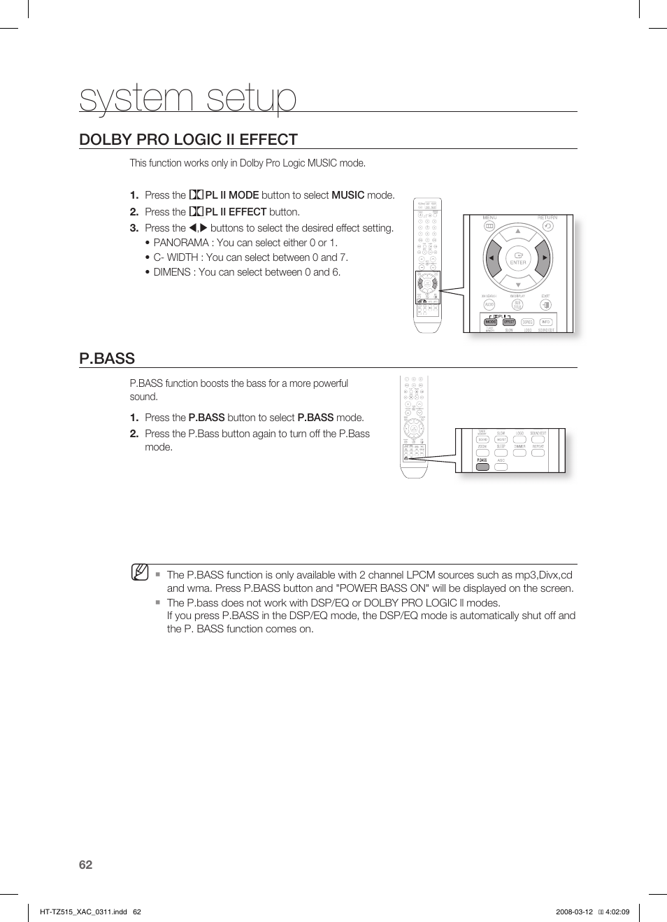 Dolby pro logic ii effect, P.bass, System setup | Samsung HT-TZ515 User Manual | Page 62 / 79