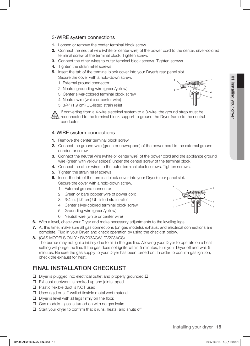 Final installation checklist, Wire system connections | Samsung DV203 User Manual | Page 15 / 32