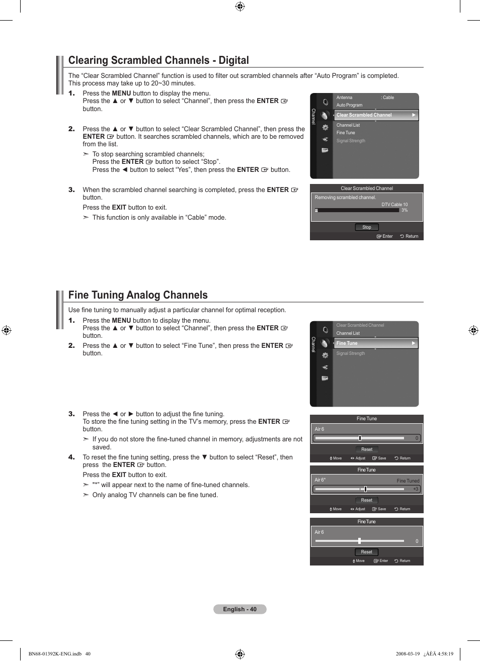 Clearing scrambled channels - digital, Fine tuning analog channels | Samsung 580 User Manual | Page 42 / 196