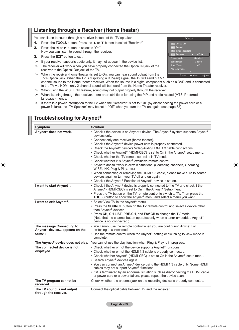 Listening through a receiver (home theater), Troubleshooting for anynet | Samsung 580 User Manual | Page 85 / 196