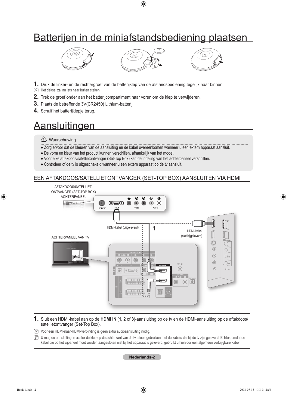 Aansluitingen, Batterijen in de miniafstandsbediening plaatsen | Samsung LE52A900 User Manual | Page 14 / 32
