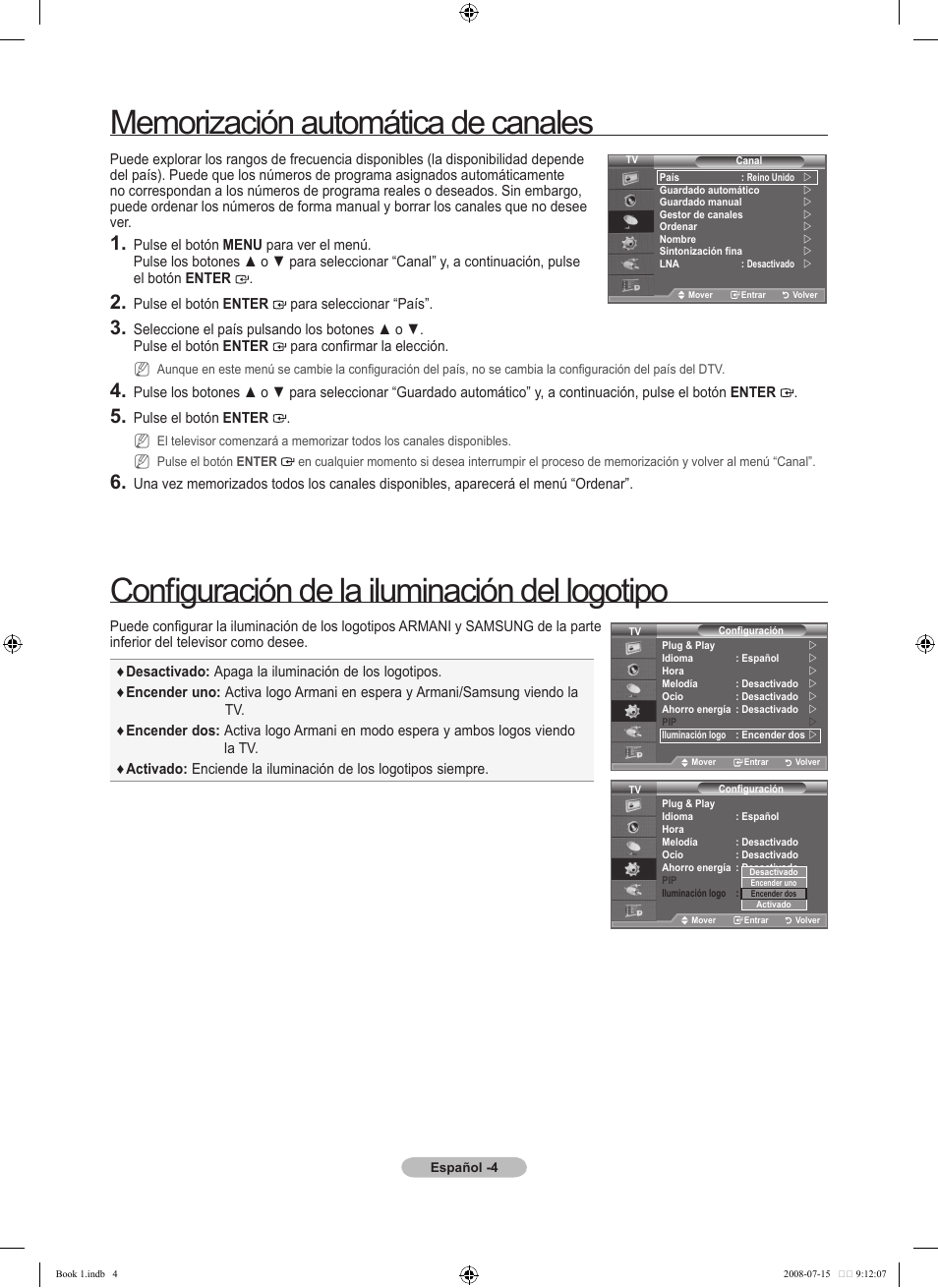 Configuración de la iluminación del logotipo | Samsung LE52A900 User Manual | Page 24 / 32