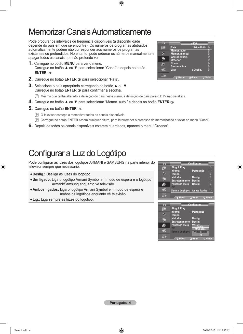 Configurar a luz do logótipo | Samsung LE52A900 User Manual | Page 28 / 32