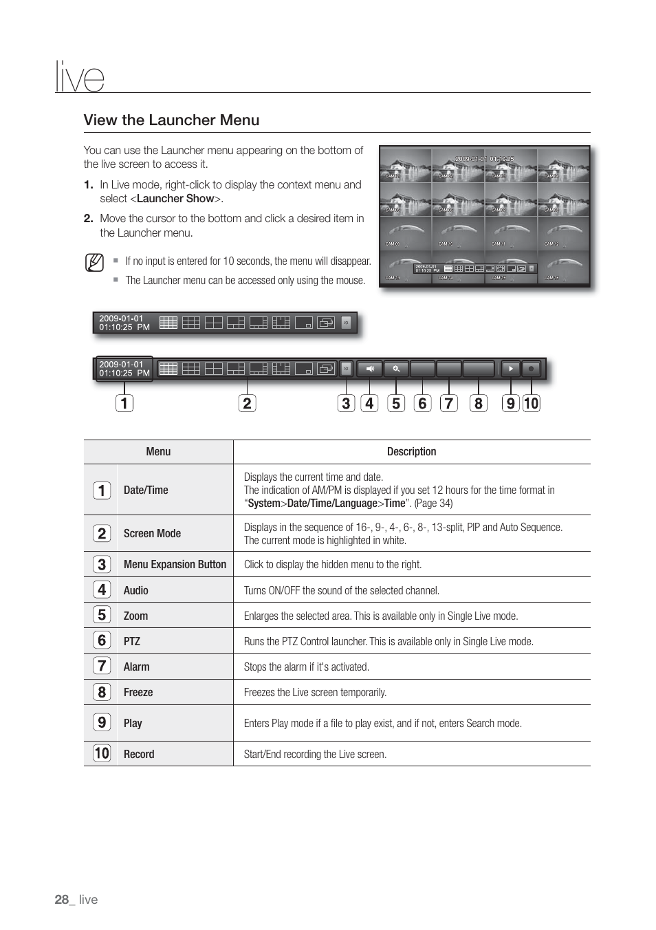 Live, View the launcher menu | Samsung SHR-7160 User Manual | Page 28 / 120